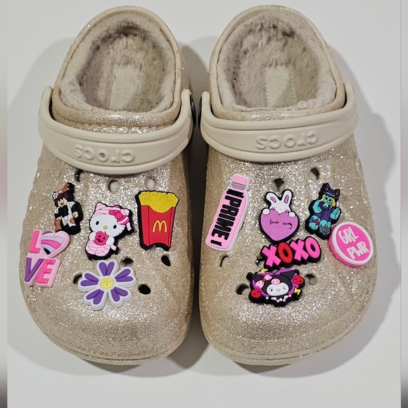 Crocs Kids Baya Lined Clog Gold Glitter Girl Size J 1 Hello Kitty Roblox Pink - Picture 1 of 11